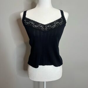VTG Black Lace Trim Pointelle Camisole Tank Top Romantic Goth Y2K Fairy Grunge M